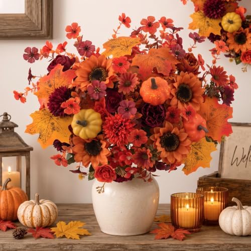 Mixed 12 Pcs Fall Artificial Flowers, Sunflower Peony Bouquet with Maple Leaves Pumpkins, Autumn Faux Floral Arrangements for Table,Thanksgiving, Halloween, Porch Planters, Garden Patio Outdoors Decor