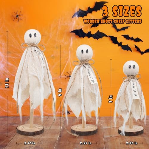 Wooden Ghost Halloween Decorations Indoor– Set of 3 Sizes Rustic Shelf Sitters with Fabric Ghost Figures – Halloween Table Decor for Tiered Tray, Mantel, Halloween Party Supplies（White）