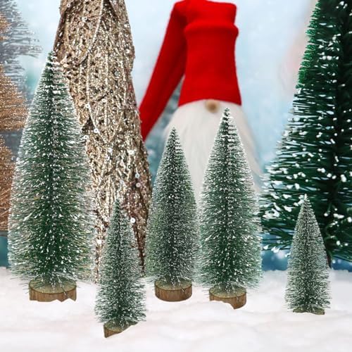 7PCS Small Christmas Trees, Bottle Brush Christmas Trees Mini Sisal Snow Frost Trees Pine Trees with Wood Base Tabletop Mini Christmas Village Tree for Holiday Decorations