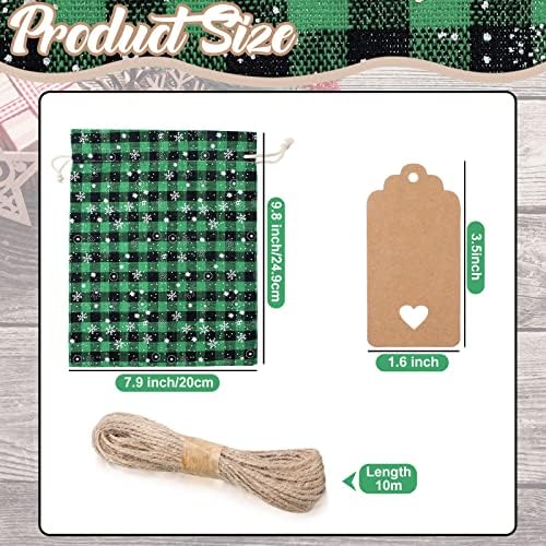 Shappy 24 Pcs Christmas Drawstring Gift Bags Xmas Buffalo Plaid Burlap Advent Bags 10 x 8 Inches Linen Treat Candy Bag with 32.8 ft Rope 24 Card(Black Green Snowflake)