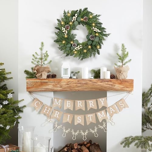 Christmas Wreath with Lights 24 Inch Real Touch Pine Wreath with White Berries/Pine Cone Prelit Christmas Wreaths for Front Door Outdoor Christmas Decorations Winter Wreath for Home Indoor Holiday