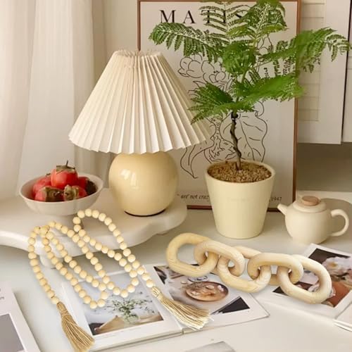 Decorative 5 Link Wooden Chain Decor and Bead Boho Farmhouse Rustic Home Table / Natural / Set of 2