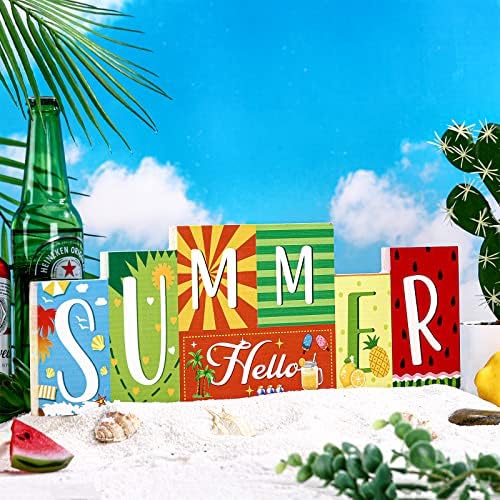 Hello Summer Table Decor Beach Party Centerpiece Wooden Sign for Home Office Indoor Outdoor Tiered Tray Shelf