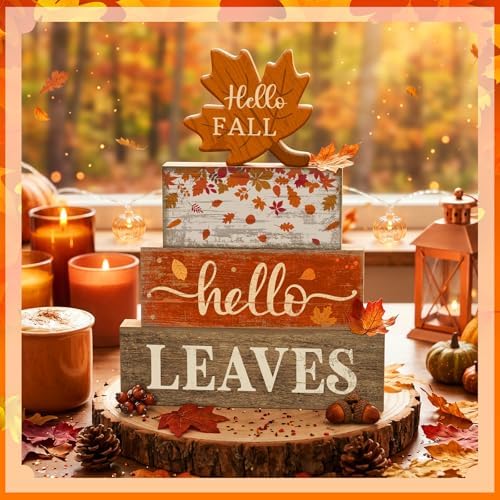 Moucuny 5 Pcs Fall Table Decoration Wooden Block Signs Tiered Tray
