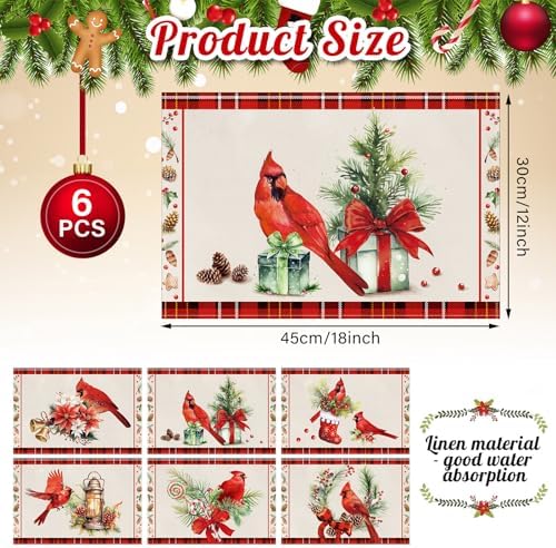 Hushee 6 Pack Christmas Cardinal Placemats 12x18 Washable Heat Resistant