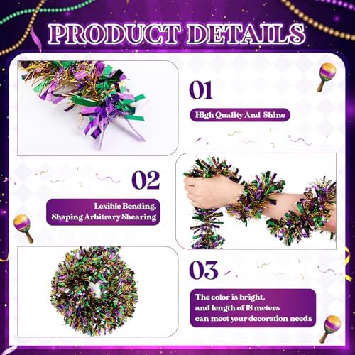 295 Feet Christmas Tinsel Garland, Purple, Green, Gold