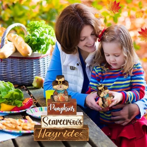 4 Pcs Fall Decor for Home Scarecrow Cute Wooden Sign Fall Tiered Tray Decor