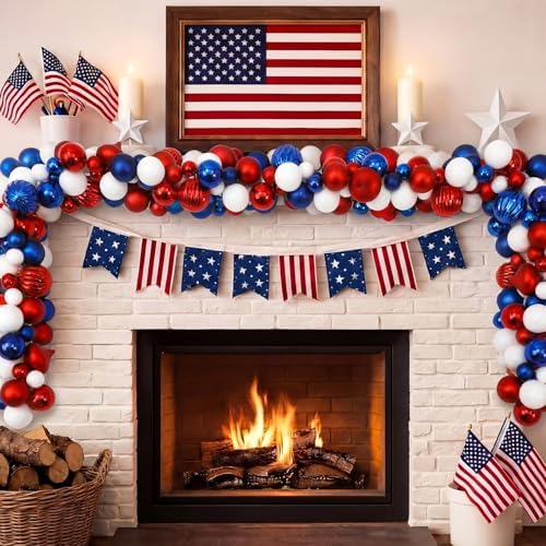 Suncalla 6ft Patriotic Red White Blue Ball Garland 4th of July Garland 250th Anniversary Glitter Red White Blue Bead Hanging Ornament Banner for Independence Day Table Wall Decoration Supplies