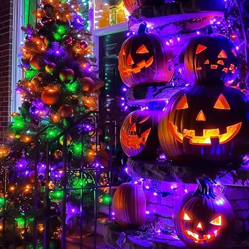Dazzle Bright 200 LED Halloween Mini String Lights, 65 FT Connectable Waterproof 8 Modes Fairy Lights for Indoor Outdoor Patio Garden Holiday Party Decorations (Purple & Orange & Green)