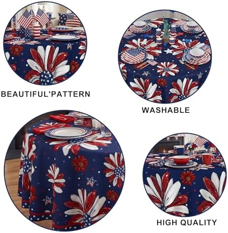 4th of July Tablecloth 60 Inch Round, Patriotic Memorial Day Print Flowers Decorations for Home Table Cloth, Independence Day Blue Seasonal Decor Tablecloths Polyester for Picnic Party Supplies