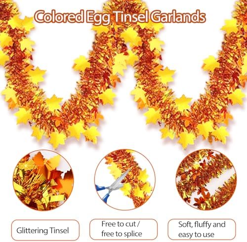 33Ft Thanksgiving Fall Tinsel Garland Shiny Hanging Gold Maple Leaf Metallic Twist Garland Autumn Decor for Fall Party Door Tree Garlands Decorations - (Gold)