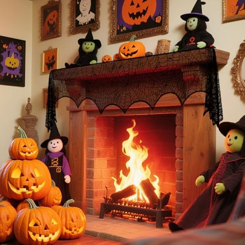 Halloween Decorations Black Lace Spiderweb Fireplace Mantle Scarf Cover(19x99 Inch) Indoor Outdoor Spider Web Netting Spooky Haunted House Home Room Bedroom Table Wall Decor Party Favors Supplies