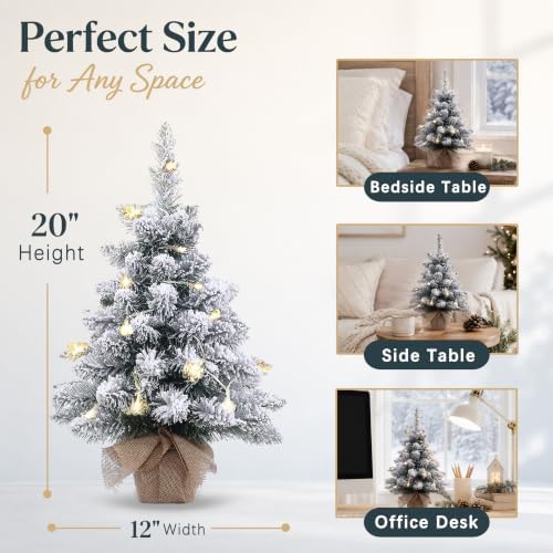 Pre-Lit Artificial Mini Christmas Tree,20 Inch Snow Flocked Small Pine Xmas Tree with 40 LED Lights,70 Branch Tips,Battery Operated Tabletop Christmas Tree Burlap Base-(50cm)