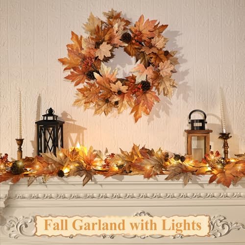9 FT Lighted Fall Garland with Lights Autumn Automatic ON/Off Timer