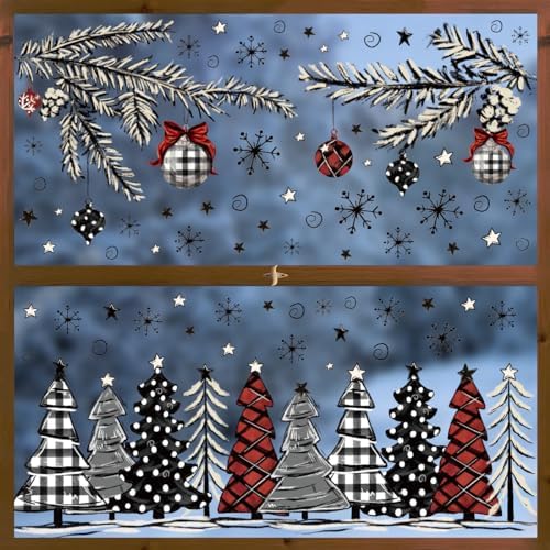 Horaldaily 123 PCS Christmas Window Cling Sticker, Black Red Xmas Tree Snow for Home Party Supplies Shop Window Glass Display Decoration
