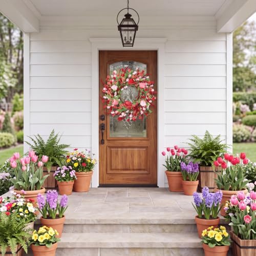 Sggvecsy Spring Summer Wreath for Front Door 22 Inch Artificial Red Flower Wreath with Pink Tulips Greenery Leaves Lavender for All Seasons Home Farmhouse Indoor Outdoor Wall Decor (Red and Pink)