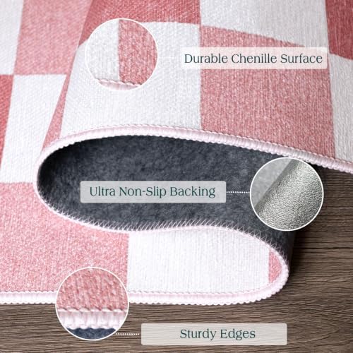 Front Door Mat Outside Entrance - 2x3 Cute Pink White Checkered Rug