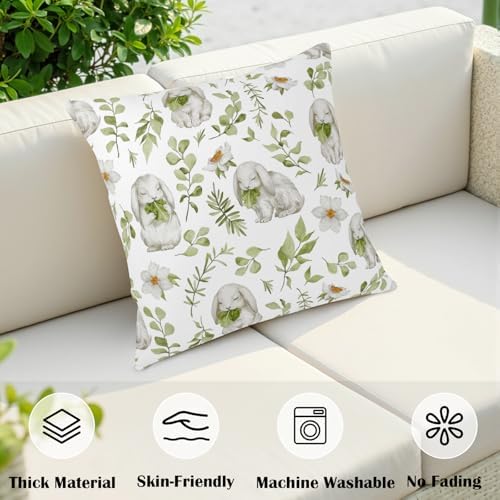 Easter Outdoor Pillow Covers 22x22 Set of 2 Sage Green Bunny Floral Leaf Throw Pillow Covers Spring Rabbit Flower Farmhouse Pillowcase for Home Couch Sofa Decor