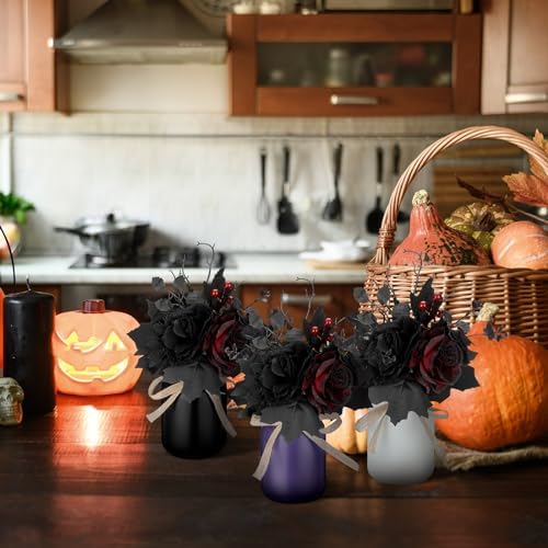 Gejoy 3 Pcs Halloween Table Decor Set Mason Jar with Artificial Flower Black Red Table Centerpieces Faux Flowers with Vases for Halloween Floral Arrangements Home Decorations