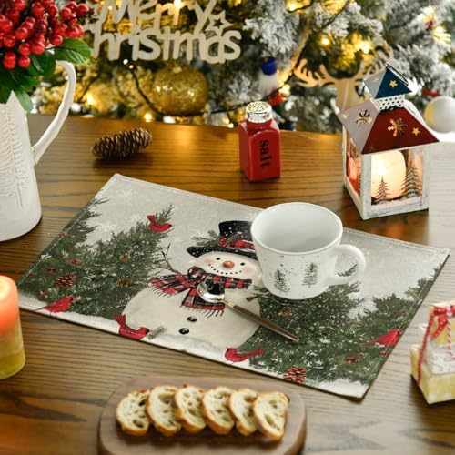 Artoid Mode Snowman Birds Trees Christmas Placemats Set of 4, 12x18 Inch Seasonal Grey Winter Holiday Table Mats for Party Kitchen Dining Decoration
