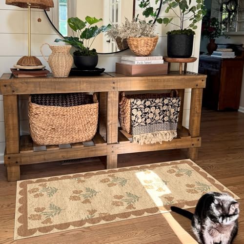 Front Door Mat Indoor Entrance - 2x4.3 Ft Tan Floral Washable Layered Doormat Outdoor Entrance Porch Rug Non-Slip