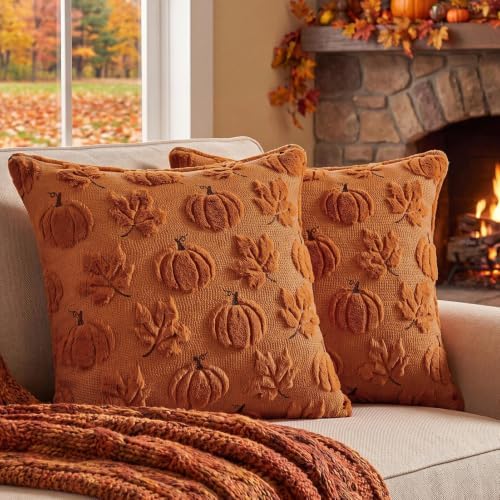 Fall Throw Pillow Covers 18x18 Set of 2 Double-Sided Maple Pumpkin Covers
