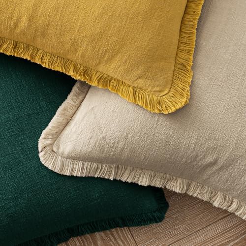 MIULEE Boho Linen Fringe Decorative Euro Throw Pillow Covers Beige 22x22