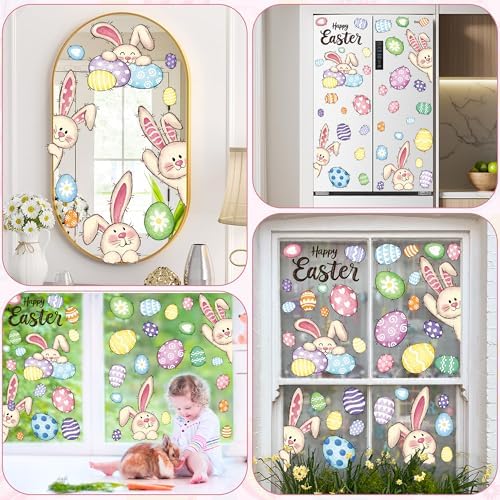 37 PCS Easter Decor, 4 Sheets Easter Window Clings, 9.84 x 13.78 Inch Spring Decorations with Bunnies Eggs Designs, Double-Sided Bunny Stickers for Window Glass Home Office Spring Party Decor