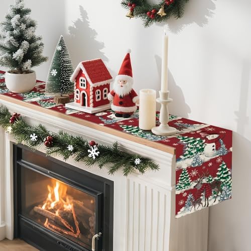 Artscope Reindeer Snowman Christmas Tree Table Runner, Xmas Winter Snowflakes Holiday Kitchen Dining Table Decoration for Christmas Home Party Decor 13x60 Inch-Red