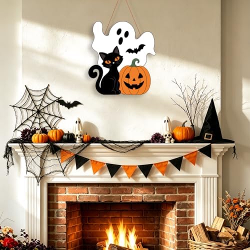 Halloween Ghost Wreath for Front Door Wooden Black Cat Pumpkin Door Decor