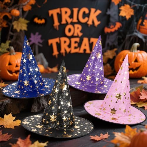 4pcs Witch Hat, Wizard Hat for Women Men, Witches Hat Halloween Decor