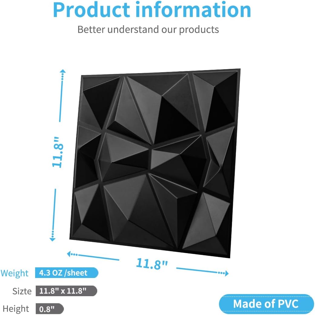 Art3d Decorative 3D Wall Panels in Diamond Design, 12"x12" Matt Black for Home and Office Decor (33 Pack)