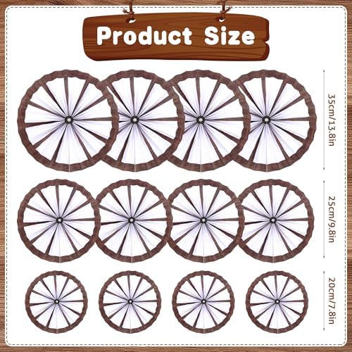 BestoFun 12PCS Western Cowboy Party Decorations Set - Paper Fans, Wagon Wheels & Straw Hay Bales Hanging Ceiling Wall Decor for Ranch Birthday Baby Shower Theme