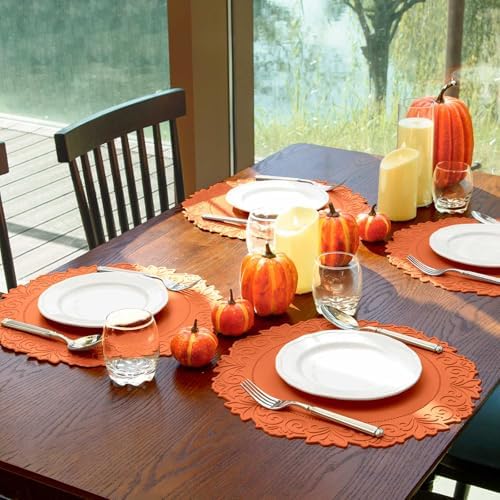 Round Faux Leather Placemats Set of 6, Dining Table Mats, Pumpkin Orange