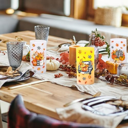 Whaline Fall LED Flameless Candles Plaid Pumpkin Truck Warm Light Battery Operated Pillar Candles Autumn Electric Flickering Candle for Thanksgiving Party Home Decor, Set of 3