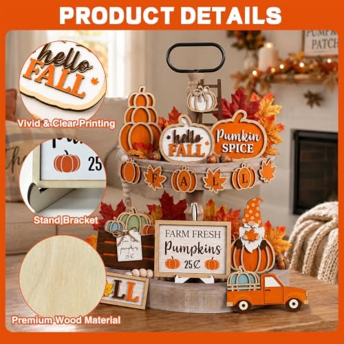 Fall Tiered Tray Decor, 18Pcs Wooden Autumn Pumpkin Table Decorations Set