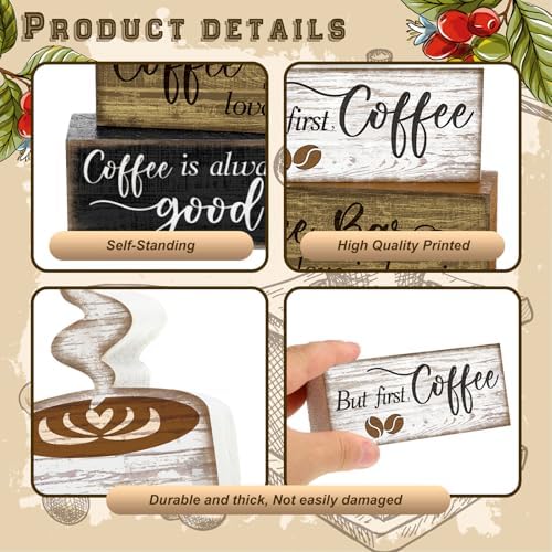 Moucuny 4 Pcs Coffee Bar Sign Wooden Blocks with Cup Topper Coffee Decor
