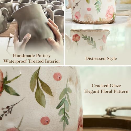 Retro Rustic Large Ceramic Vase / Floral and Fruit / Large Pitcher
