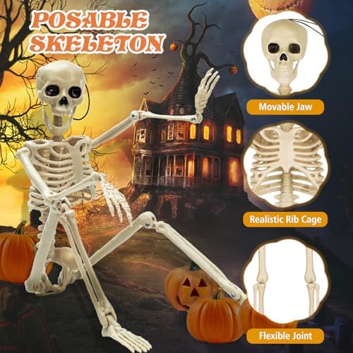 GoClimber 2 Pack Posable Small Halloween Skeleton, 16" Full Body Halloween Skeleton Decor with Movable Joints, Party Indoor Decorations