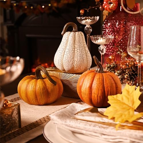 Valery Madelyn Fall Pumpkin Table Decor Cracked Pumpkin Figurine Fall Decoration for Home, 3pcs Resin Autumn Harvest Thanksgiving Halloween Party Tabletop Centerpieces, 6.7 inch