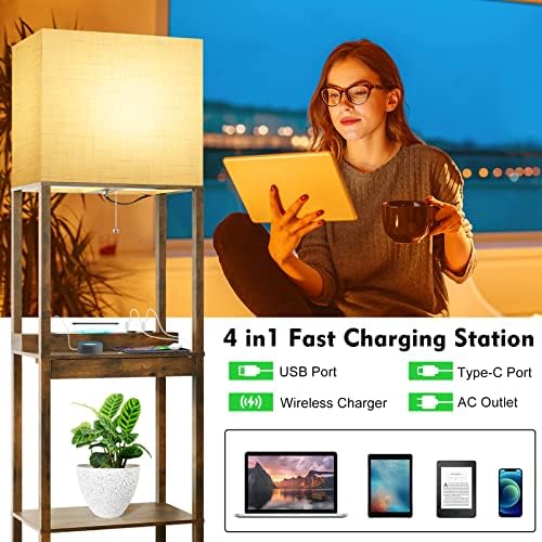RUNTOP Floor Lamp with Shelves, Plus Shelf Lamp with Wireless Charger, 2 USB Port and Outlet, 1 Drawer, 15W LED Bulb, 3