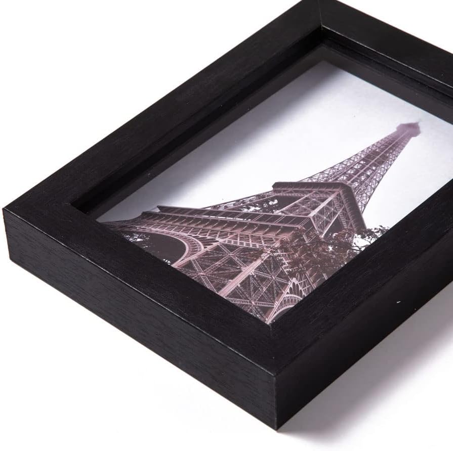 Muzilife 5x7 Shadow Box 3D Picture Frame, Wood & Real Glass, 4 Pack, Black | FSC-Certified MDF | With Stand | Tabletop