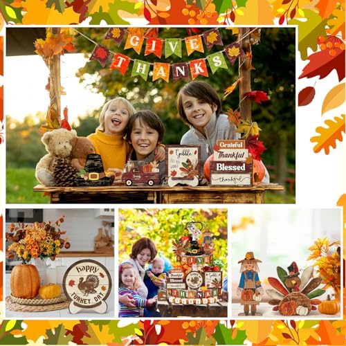 Maitys 21 Pcs Thanksgiving Tiered Tray Decor Set Fall Pumpkin Gnome Truck Scarecrow Wood Sign Rustic Farmhouse Decor Hello Fall Wood Bead Decorative Tabletop Sign for Autumn Thanksgiving Day(Cute)