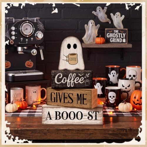 Lineshading 4 Pcs Halloween Tiered Tray Decor, Wooden Ghost Coffee Blocks