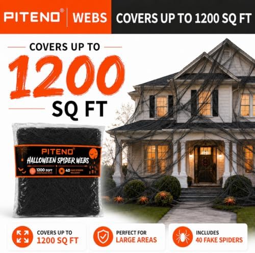 Piteno® 1200 sqft Spider Webs Halloween Decorations with 40 Fake Spiders, Stretchable Halloween Spider Webs for Indoor Outdoor Haunted House Yard Porch Party Decor (Black)