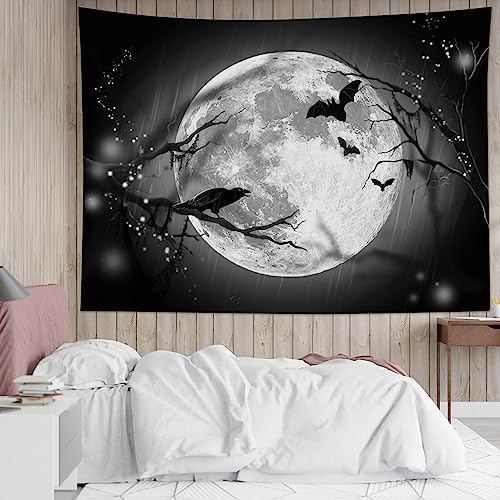 LB Halloween Full Moon Tapestry, Horror Black Crow with Bat on Grey and Black Night Sky Wall Tapestry for Bedroom, Creppy Bat Wall Hanging Tapestry Wall Art for Living Room Home Decor, 59 x 51 Inches