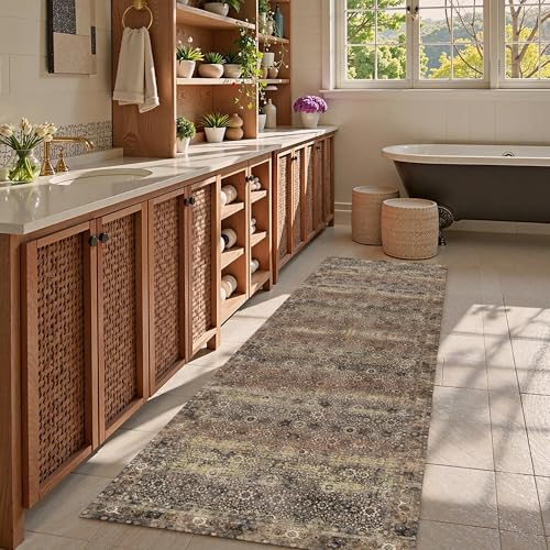 Washable Area Rug 2'6'' x 8' Vintage Traditional Persian Mat - Foldable Distressed Non-Slip Machine Washable Carpet for