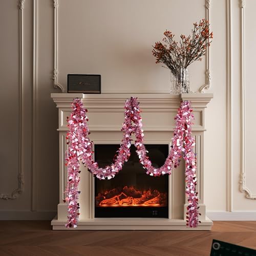 Valentines Garland Decor,50Ft Glitter Tinsel Heart Garland Decorations for Tree Mantle Bedroom Office Classroom Party Indoor Outdoor Holiday Home Pink Red White