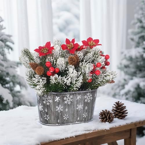 Christmas Centerpiece Table Decorations, Artificial Norfolk Pine with Poinsettia Flowers, Pine Cones & Berries in Metal Planter, Dining Table & Coffee Table Centerpiece for Christmas Décor, 1-Pack
