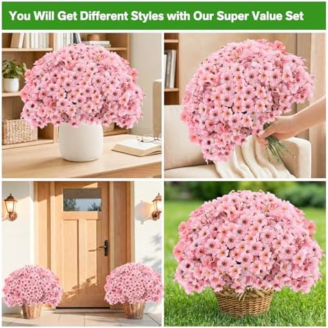 Powbrace 22 Pack Artificial Flowers for Outdoor Indoor Fake Plants(Pink)